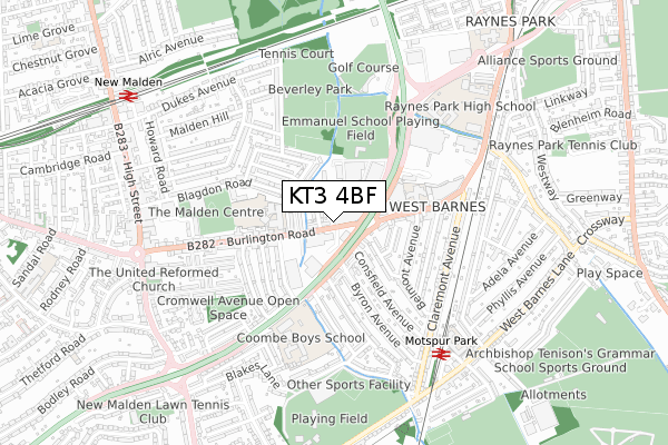 KT3 4BF map - small scale - OS Open Zoomstack (Ordnance Survey)