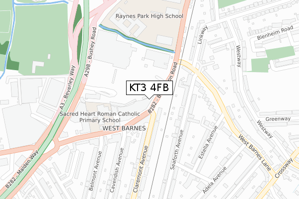 KT3 4FB map - large scale - OS Open Zoomstack (Ordnance Survey)