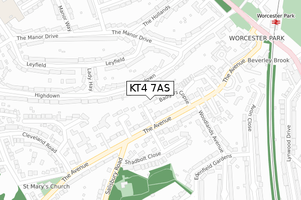 KT4 7AS map - large scale - OS Open Zoomstack (Ordnance Survey)