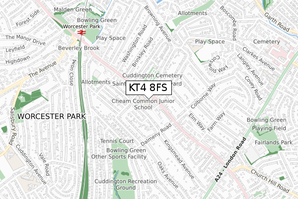 KT4 8FS map - small scale - OS Open Zoomstack (Ordnance Survey)