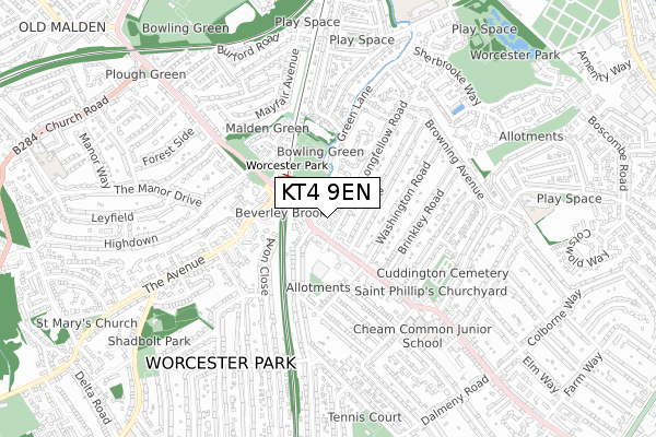 KT4 9EN map - small scale - OS Open Zoomstack (Ordnance Survey)