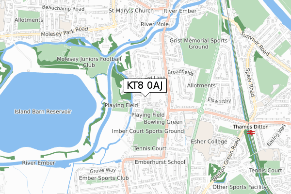 KT8 0AJ map - small scale - OS Open Zoomstack (Ordnance Survey)