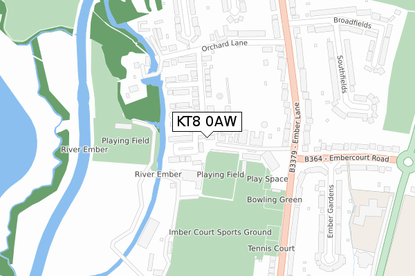 KT8 0AW map - large scale - OS Open Zoomstack (Ordnance Survey)