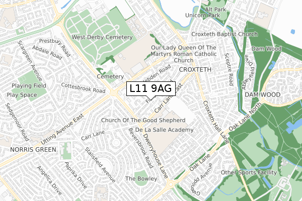 L11 9AG map - small scale - OS Open Zoomstack (Ordnance Survey)