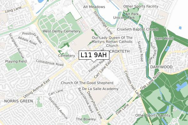 L11 9AH map - small scale - OS Open Zoomstack (Ordnance Survey)