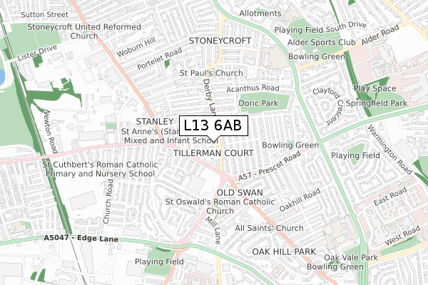 L13 6AB map - small scale - OS Open Zoomstack (Ordnance Survey)