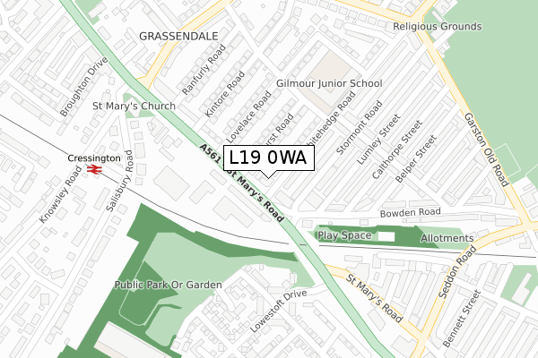 L19 0WA map - large scale - OS Open Zoomstack (Ordnance Survey)