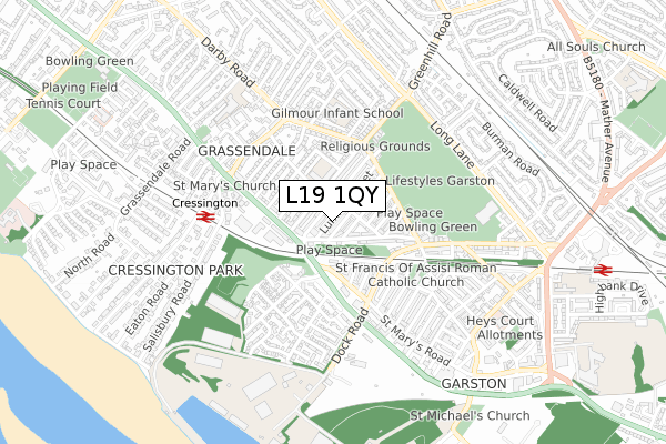 L19 1QY map - small scale - OS Open Zoomstack (Ordnance Survey)