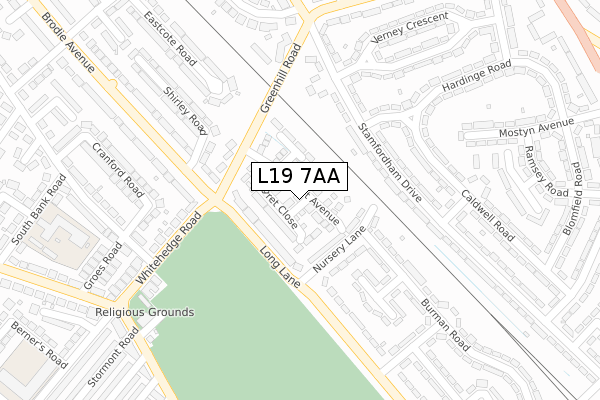 L19 7AA map - large scale - OS Open Zoomstack (Ordnance Survey)