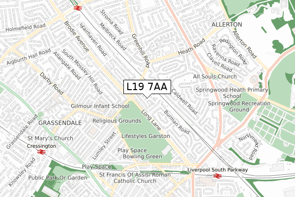 L19 7AA map - small scale - OS Open Zoomstack (Ordnance Survey)