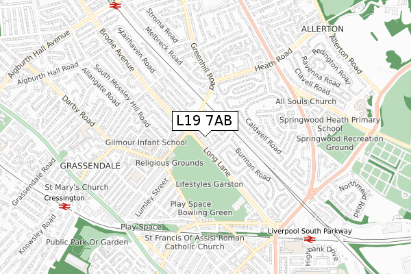 L19 7AB map - small scale - OS Open Zoomstack (Ordnance Survey)