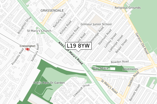 L19 8YW map - large scale - OS Open Zoomstack (Ordnance Survey)