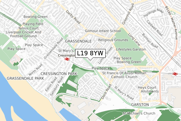 L19 8YW map - small scale - OS Open Zoomstack (Ordnance Survey)