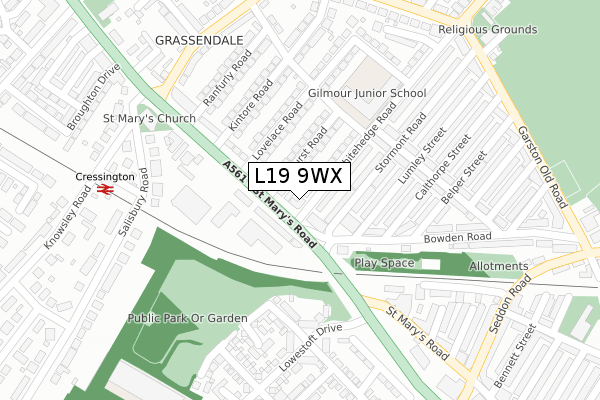 L19 9WX map - large scale - OS Open Zoomstack (Ordnance Survey)