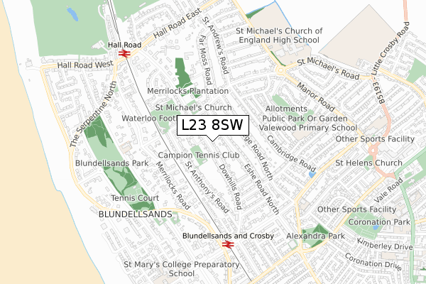 L23 8SW map - small scale - OS Open Zoomstack (Ordnance Survey)