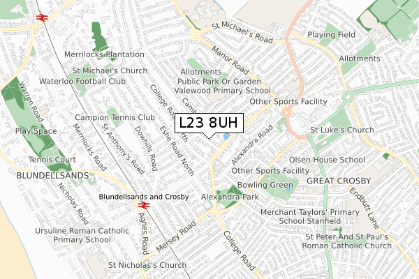 L23 8UH map - small scale - OS Open Zoomstack (Ordnance Survey)