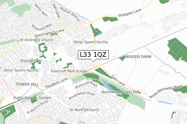 L33 1QZ map - small scale - OS Open Zoomstack (Ordnance Survey)