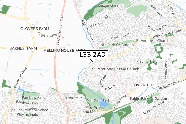 L33 2AD map - small scale - OS Open Zoomstack (Ordnance Survey)