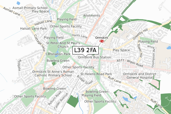 L39 2FA map - small scale - OS Open Zoomstack (Ordnance Survey)