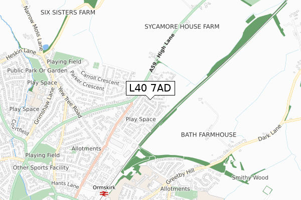 L40 7AD map - small scale - OS Open Zoomstack (Ordnance Survey)