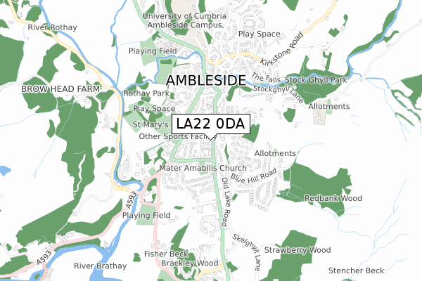 LA22 0DA map - small scale - OS Open Zoomstack (Ordnance Survey)