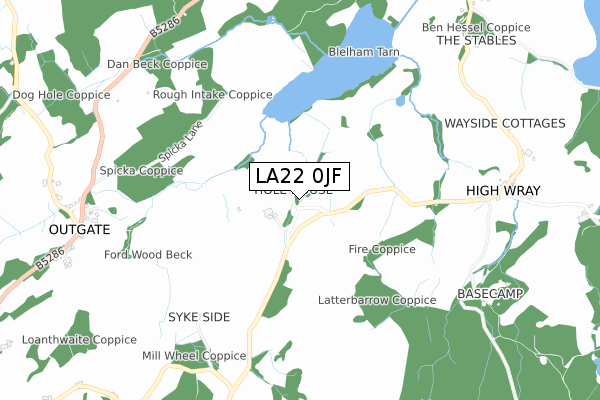 LA22 0JF map - small scale - OS Open Zoomstack (Ordnance Survey)
