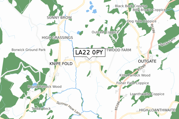 LA22 0PY map - small scale - OS Open Zoomstack (Ordnance Survey)