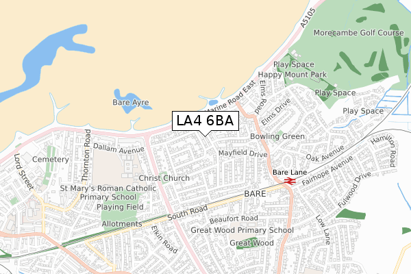 LA4 6BA map - small scale - OS Open Zoomstack (Ordnance Survey)