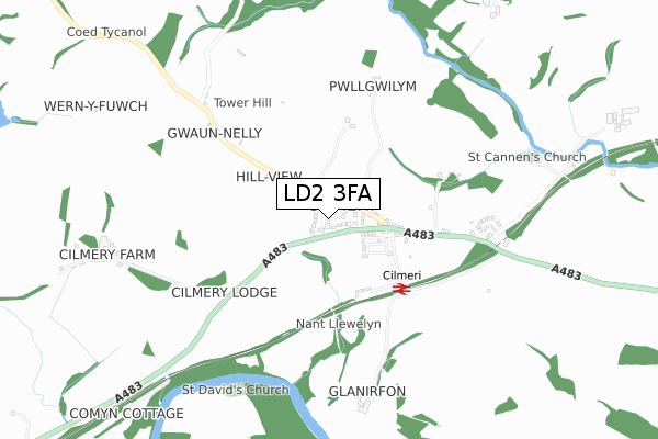 LD2 3FA map - small scale - OS Open Zoomstack (Ordnance Survey)