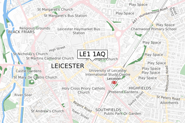 LE1 1AQ map - small scale - OS Open Zoomstack (Ordnance Survey)