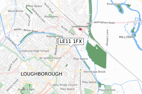 LE11 1FX map - small scale - OS Open Zoomstack (Ordnance Survey)