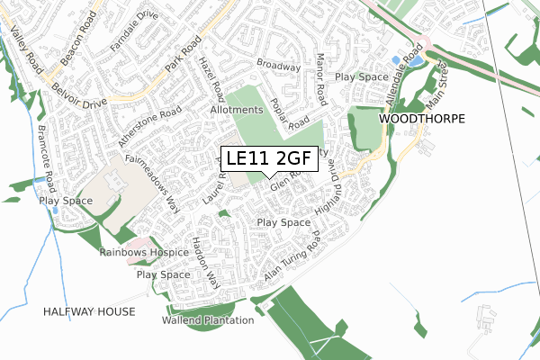 LE11 2GF map - small scale - OS Open Zoomstack (Ordnance Survey)