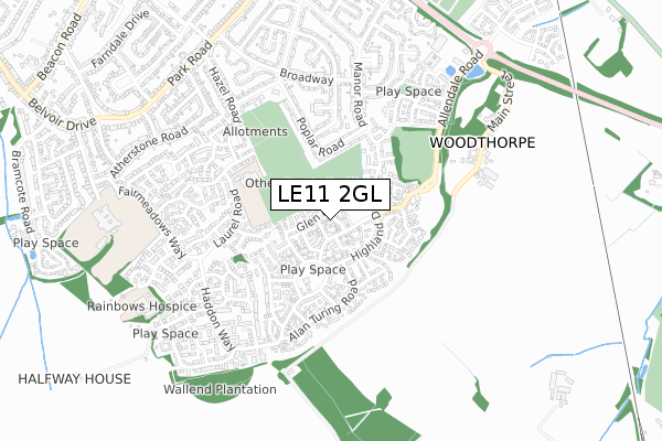 LE11 2GL map - small scale - OS Open Zoomstack (Ordnance Survey)