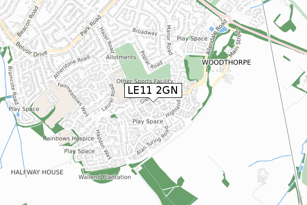LE11 2GN map - small scale - OS Open Zoomstack (Ordnance Survey)