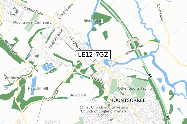 LE12 7GZ map - small scale - OS Open Zoomstack (Ordnance Survey)