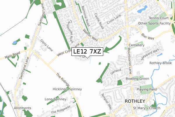 LE12 7XZ map - small scale - OS Open Zoomstack (Ordnance Survey)