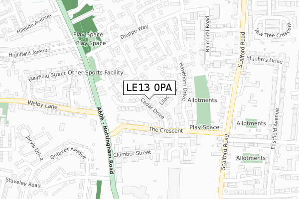 LE13 0PA map - large scale - OS Open Zoomstack (Ordnance Survey)