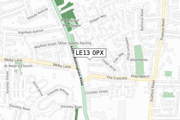 LE13 0PX map - large scale - OS Open Zoomstack (Ordnance Survey)