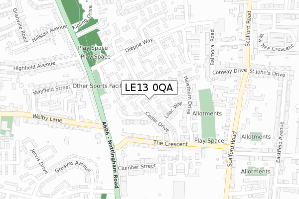 LE13 0QA map - large scale - OS Open Zoomstack (Ordnance Survey)