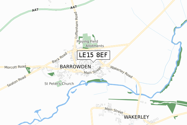 LE15 8EF map - small scale - OS Open Zoomstack (Ordnance Survey)