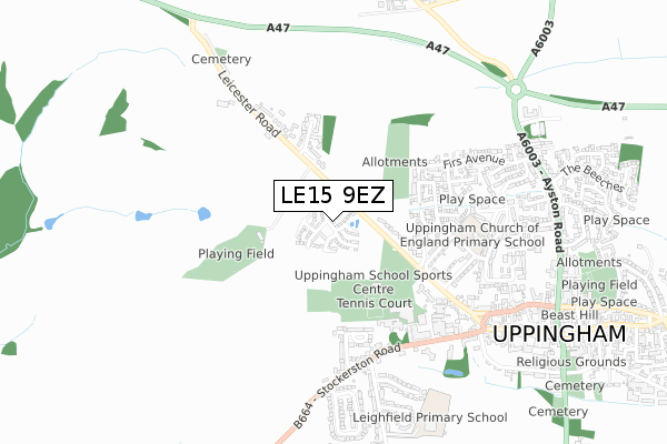 LE15 9EZ map - small scale - OS Open Zoomstack (Ordnance Survey)