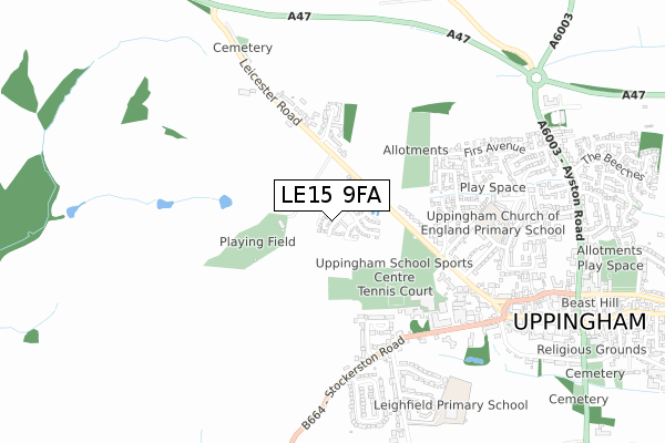 LE15 9FA map - small scale - OS Open Zoomstack (Ordnance Survey)