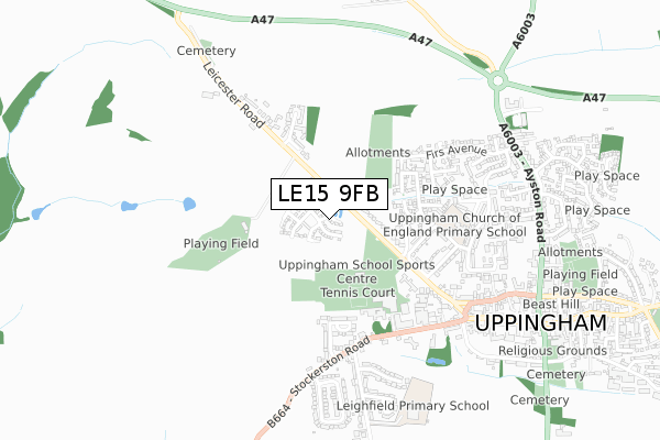 LE15 9FB map - small scale - OS Open Zoomstack (Ordnance Survey)