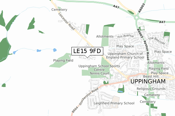LE15 9FD map - small scale - OS Open Zoomstack (Ordnance Survey)