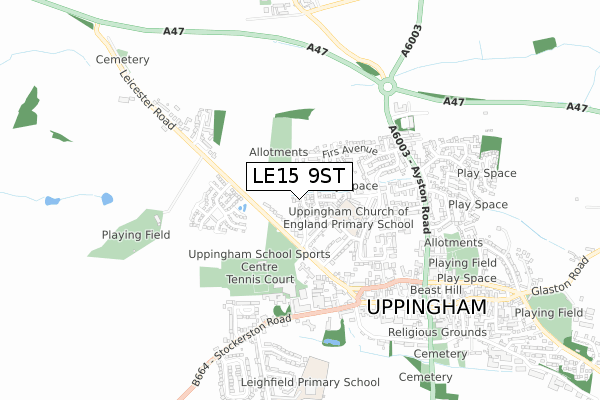 LE15 9ST map - small scale - OS Open Zoomstack (Ordnance Survey)