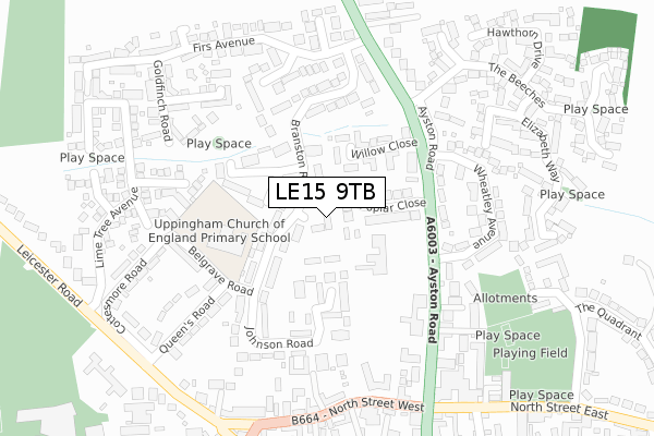 LE15 9TB map - large scale - OS Open Zoomstack (Ordnance Survey)