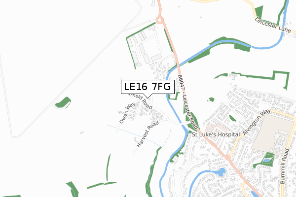 LE16 7FG map - small scale - OS Open Zoomstack (Ordnance Survey)