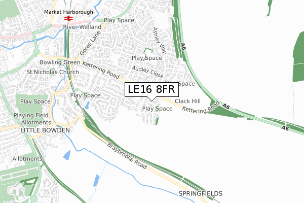 LE16 8FR map - small scale - OS Open Zoomstack (Ordnance Survey)