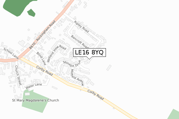 LE16 8YQ map - large scale - OS Open Zoomstack (Ordnance Survey)