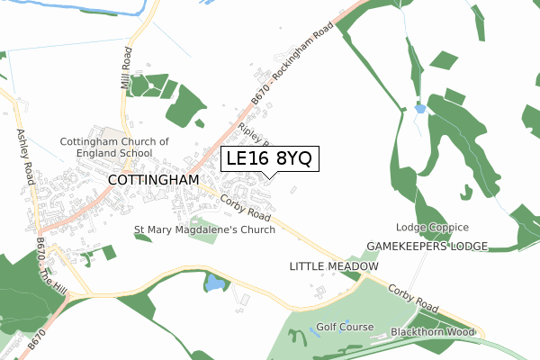 LE16 8YQ map - small scale - OS Open Zoomstack (Ordnance Survey)